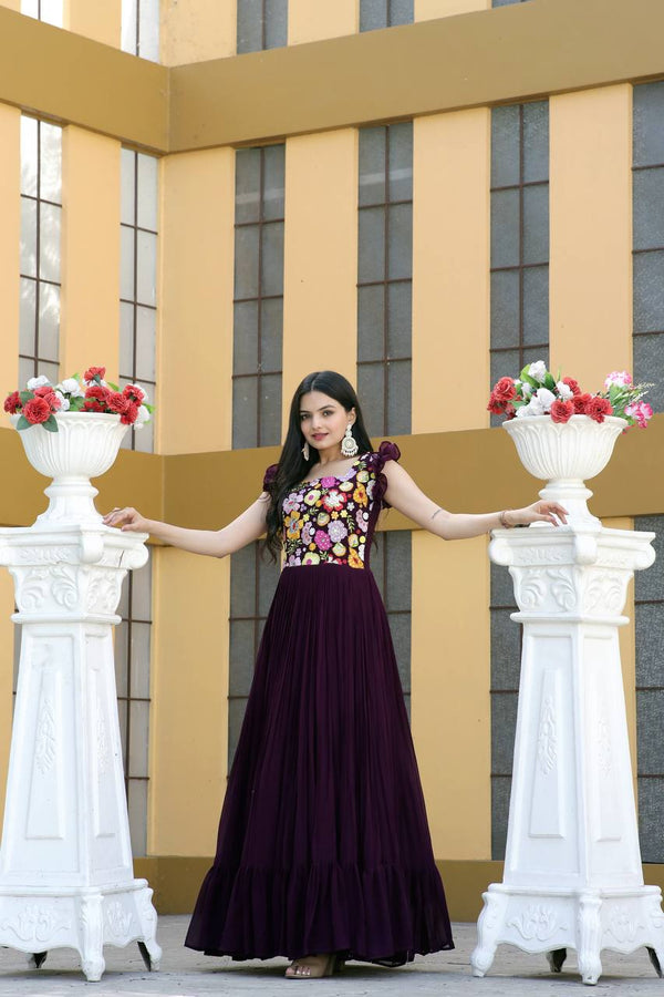 Party Wear Wine Color Embroidered work Gown Clothsvilla