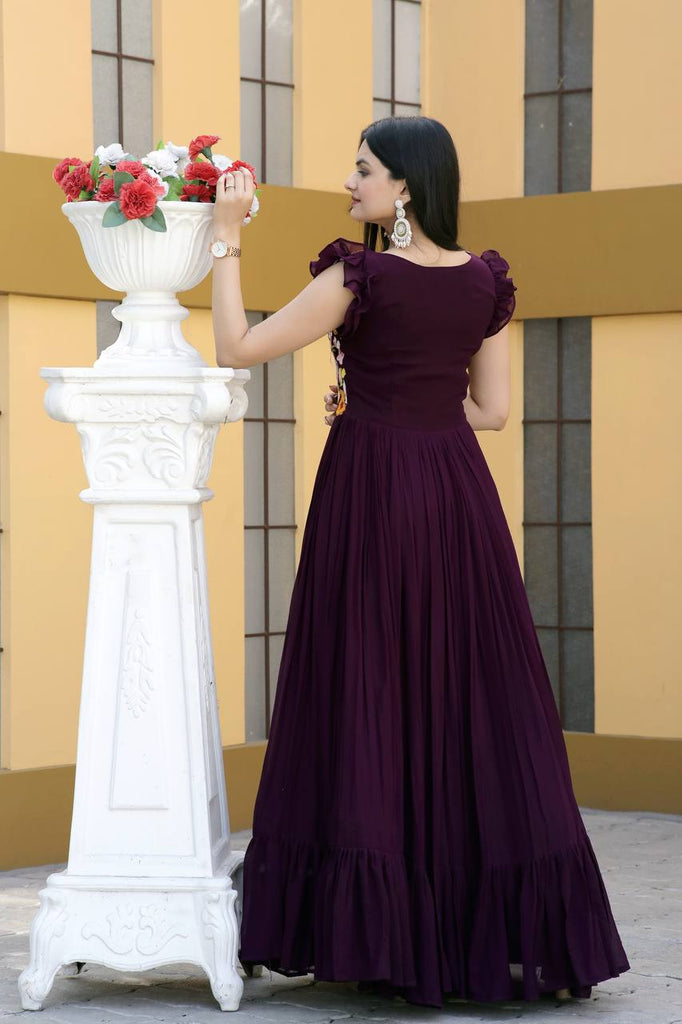 Party Wear Wine Color Embroidered work Gown Clothsvilla