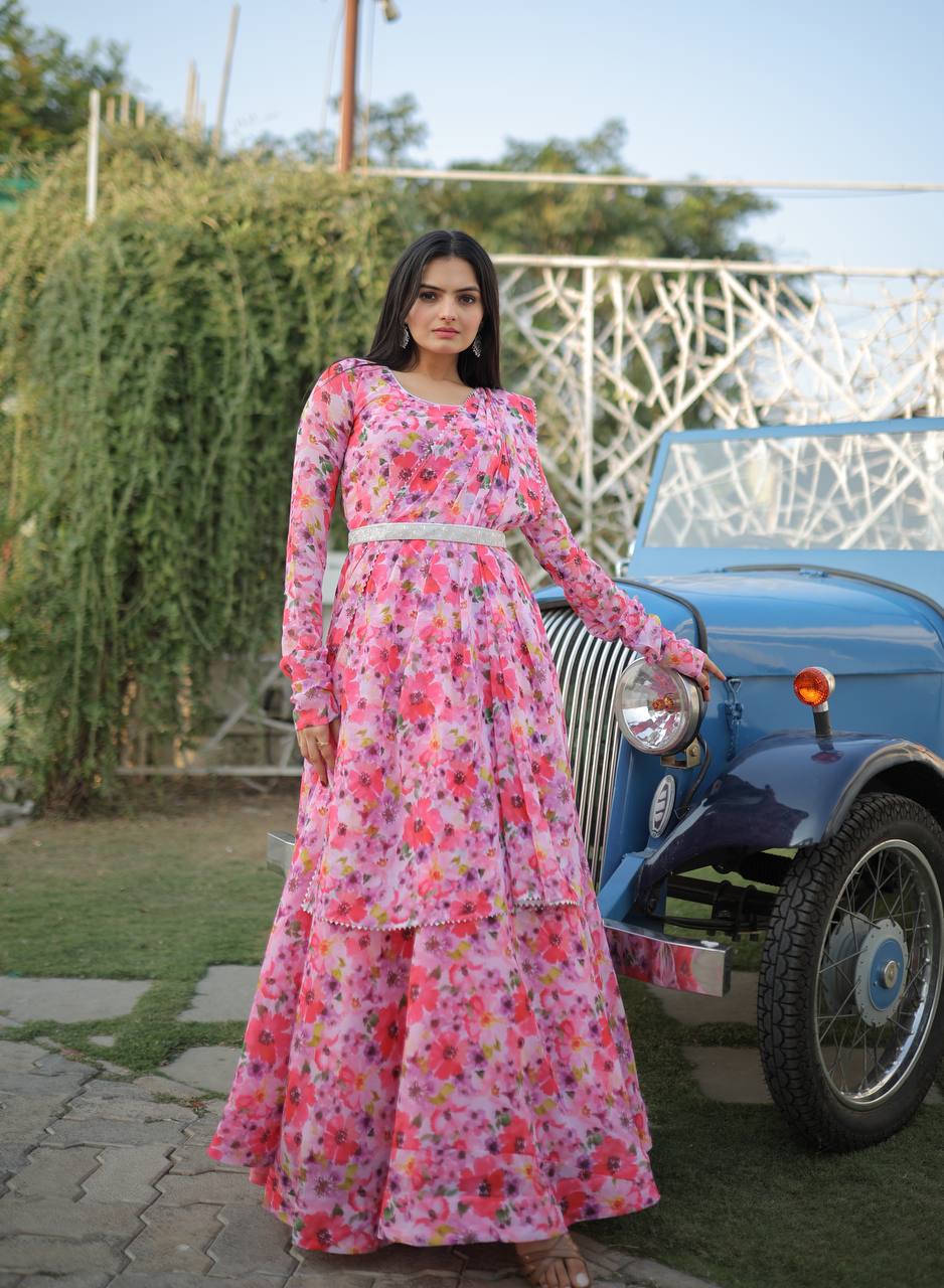 Fairy Look Light Pink Digital Printed Gown With Belt Clothsvilla