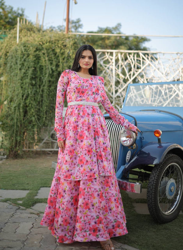 Fairy Look Light Pink Digital Printed Gown With Belt Clothsvilla