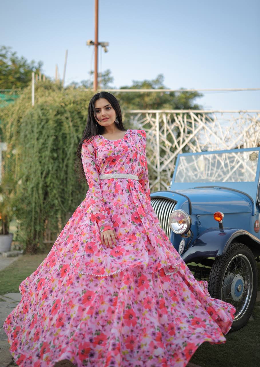 Fairy Look Light Pink Digital Printed Gown With Belt Clothsvilla