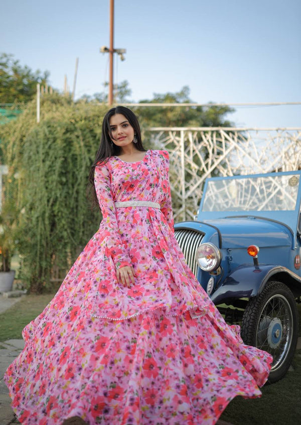 Fairy Look Light Pink Digital Printed Gown With Belt Clothsvilla