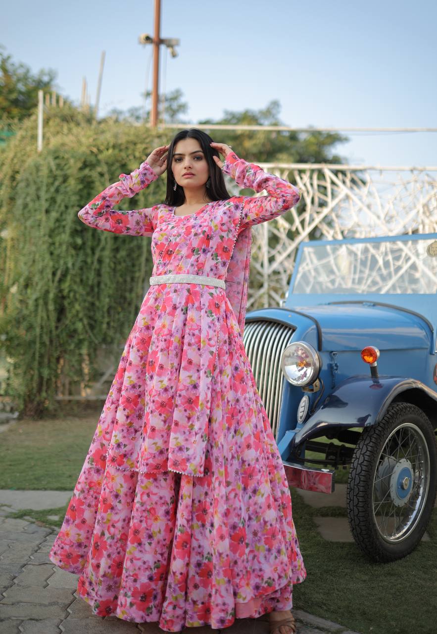 Fairy Look Light Pink Digital Printed Gown With Belt Clothsvilla