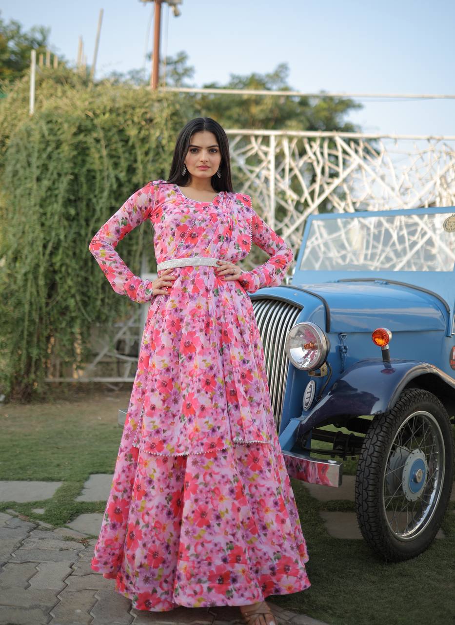 Fairy Look Light Pink Digital Printed Gown With Belt Clothsvilla