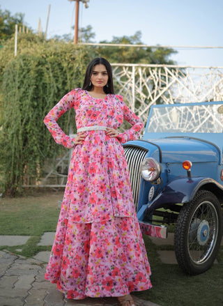 Fairy Look Light Pink Digital Printed Gown With Belt Clothsvilla