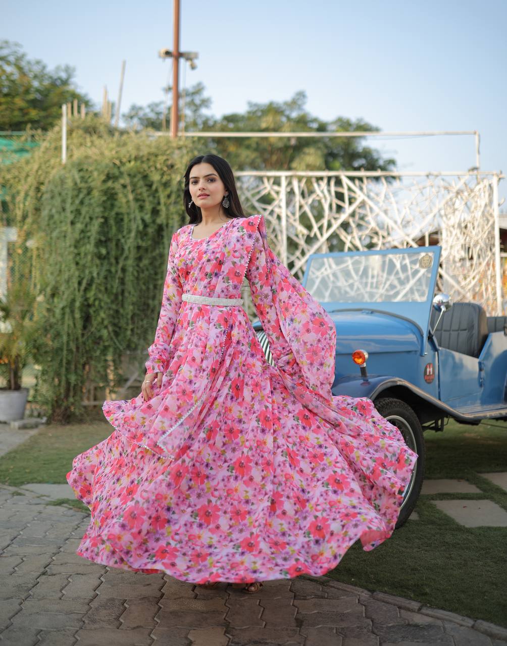 Fairy Look Light Pink Digital Printed Gown With Belt Clothsvilla
