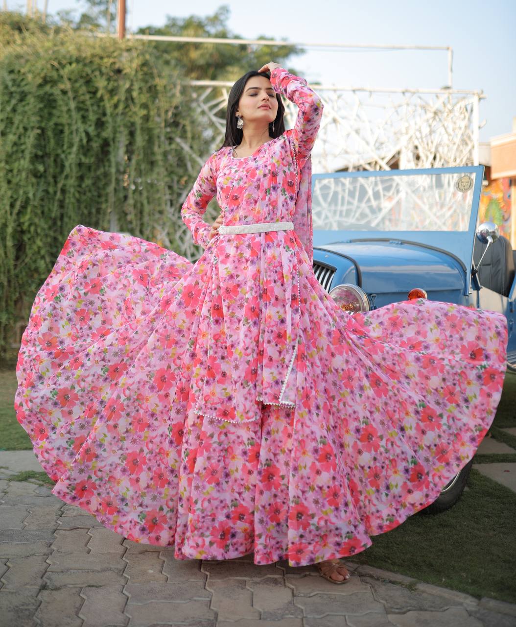 Fairy Look Light Pink Digital Printed Gown With Belt Clothsvilla