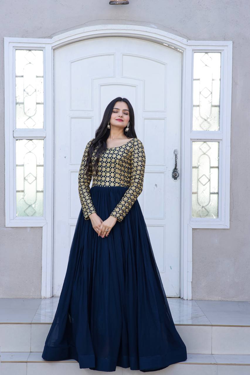 Beautiful Neck pattern Navy Blue Sequence Work Gown Clothsvilla