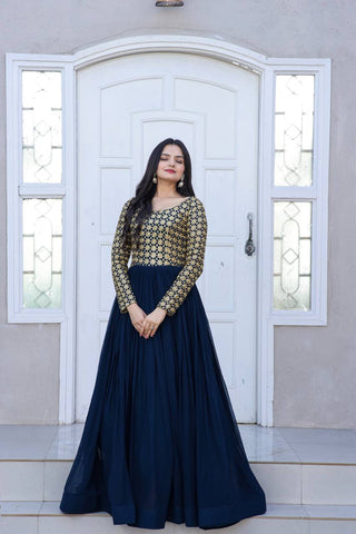 Beautiful Neck pattern Navy Blue Sequence Work Gown Clothsvilla