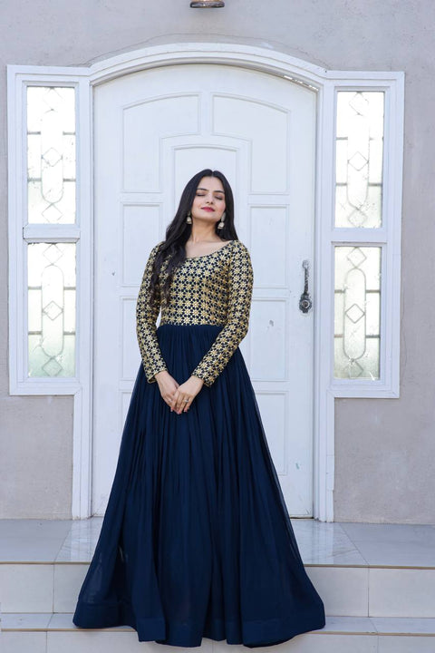 Beautiful Neck pattern Navy Blue Sequence Work Gown Clothsvilla Main image