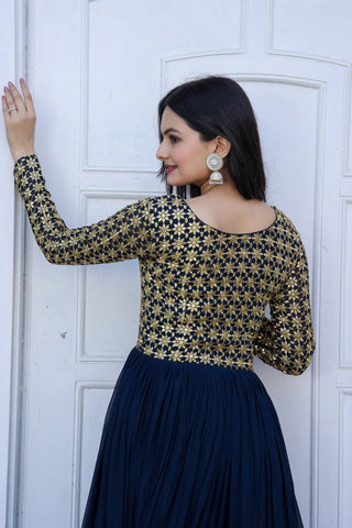 Beautiful Neck pattern Navy Blue Sequence Work Gown Clothsvilla