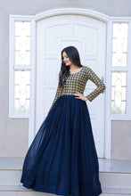 Load image into Gallery viewer, Beautiful Neck pattern Navy Blue Sequence Work Gown Clothsvilla