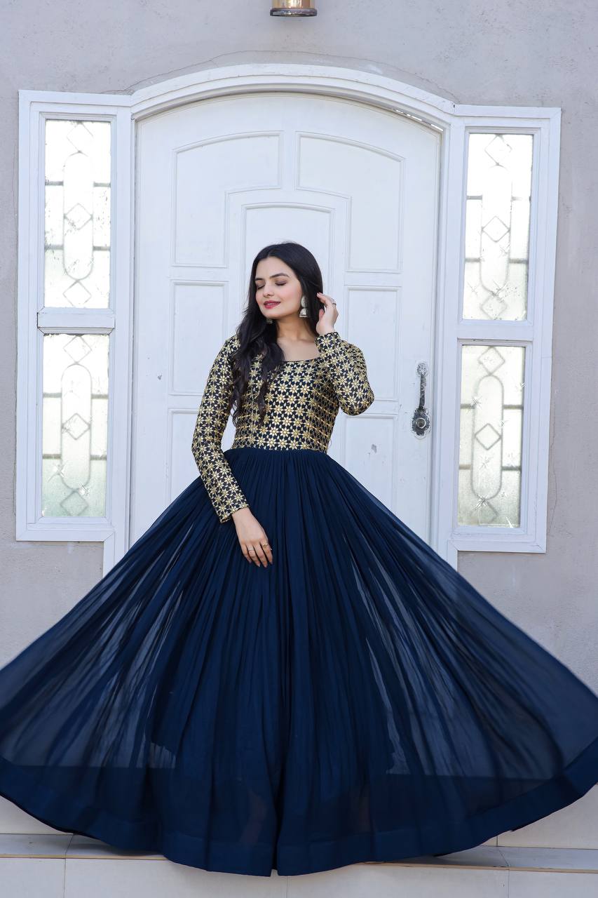 Beautiful Neck pattern Navy Blue Sequence Work Gown Clothsvilla