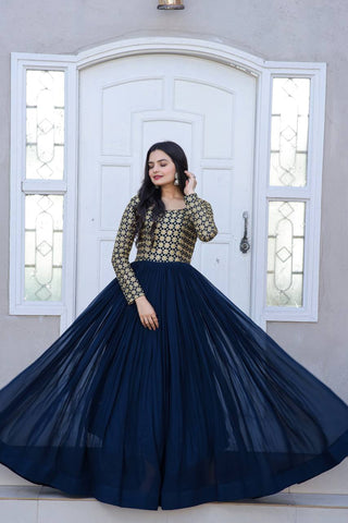 Beautiful Neck pattern Navy Blue Sequence Work Gown Clothsvilla