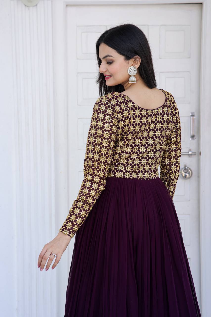 Beautiful Neck pattern Wine Sequence Work Gown Clothsvilla