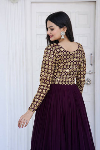 Beautiful Neck pattern Wine Sequence Work Gown Clothsvilla