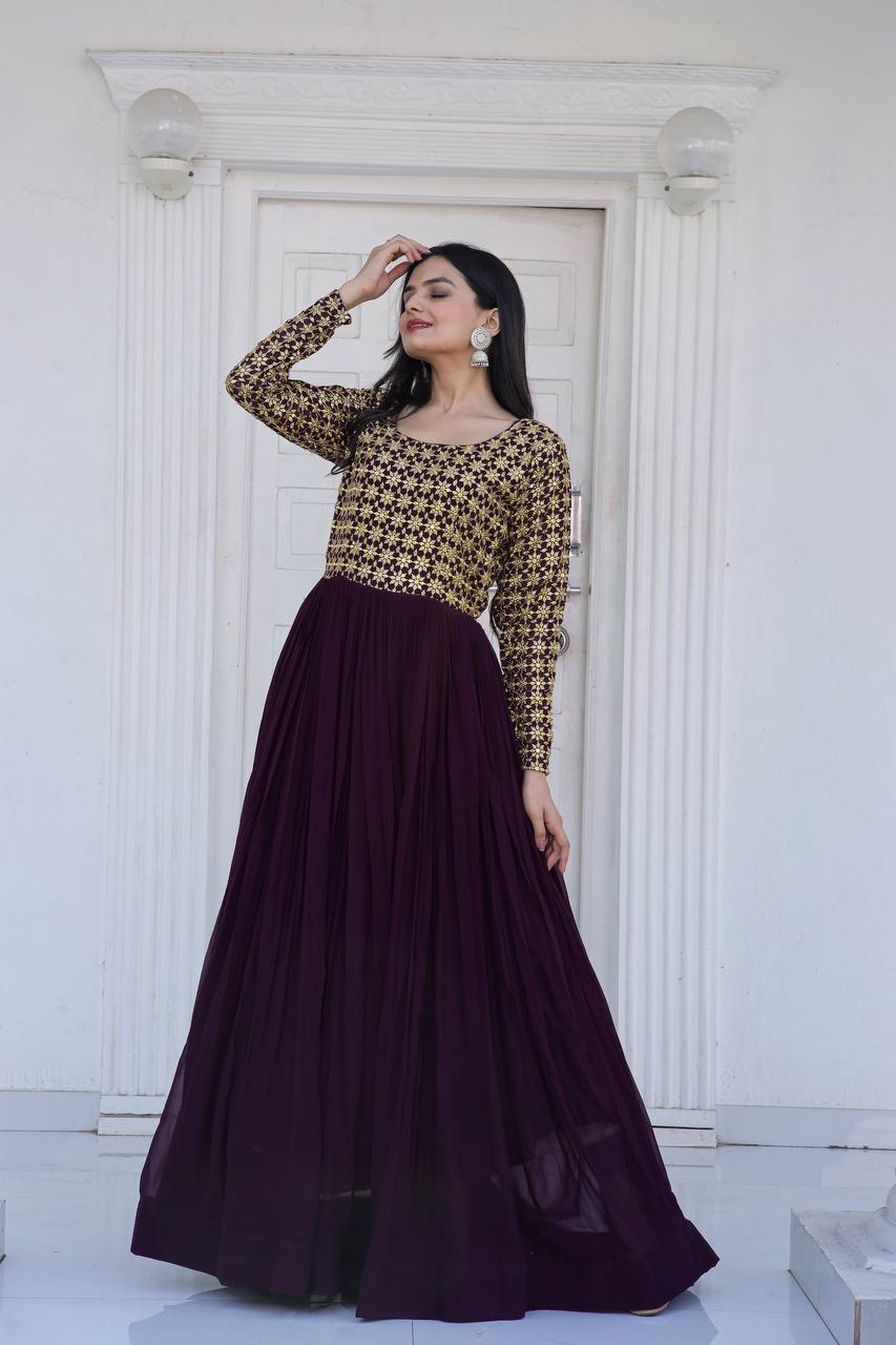 Beautiful Neck pattern Wine Sequence Work Gown Clothsvilla