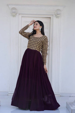 Beautiful Neck pattern Wine Sequence Work Gown Clothsvilla