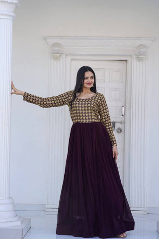 Beautiful Neck pattern Wine Sequence Work Gown Clothsvilla