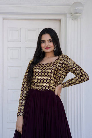 Beautiful Neck pattern Wine Sequence Work Gown Clothsvilla