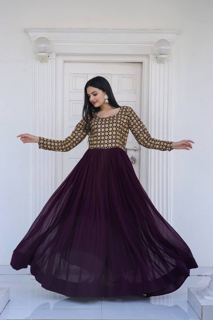 Beautiful Neck pattern Wine Sequence Work Gown Clothsvilla