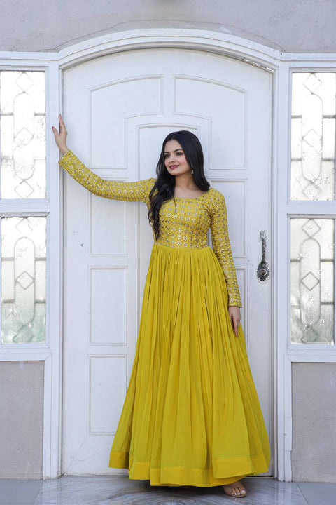 Beautiful Neck pattern Yellow Sequence Work Gown Clothsvilla Main image