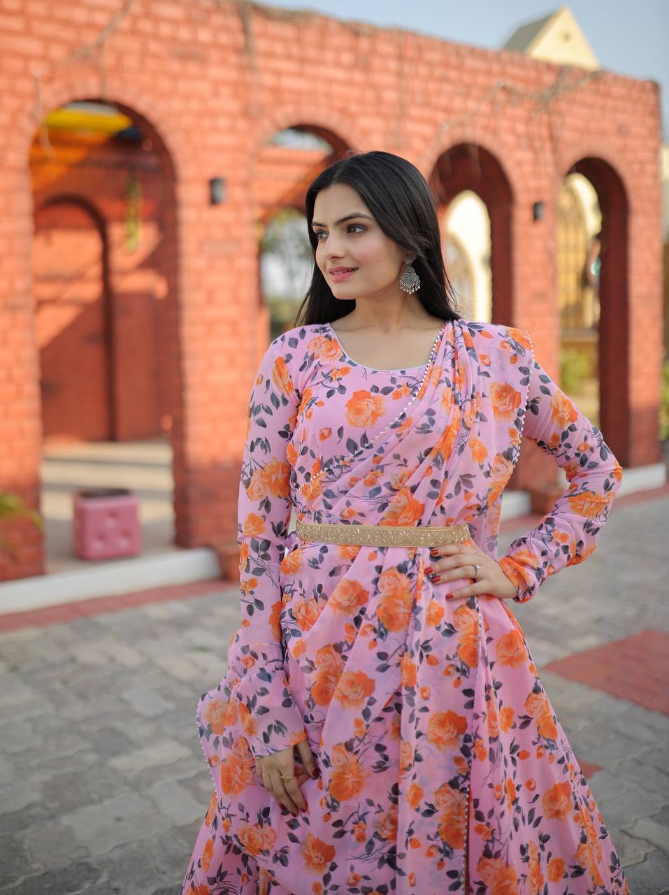 Rich Flower Digital Print Light Pink Color Gown Clothsvilla