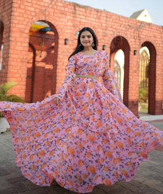 Rich Flower Digital Print Light Pink Color Gown Clothsvilla