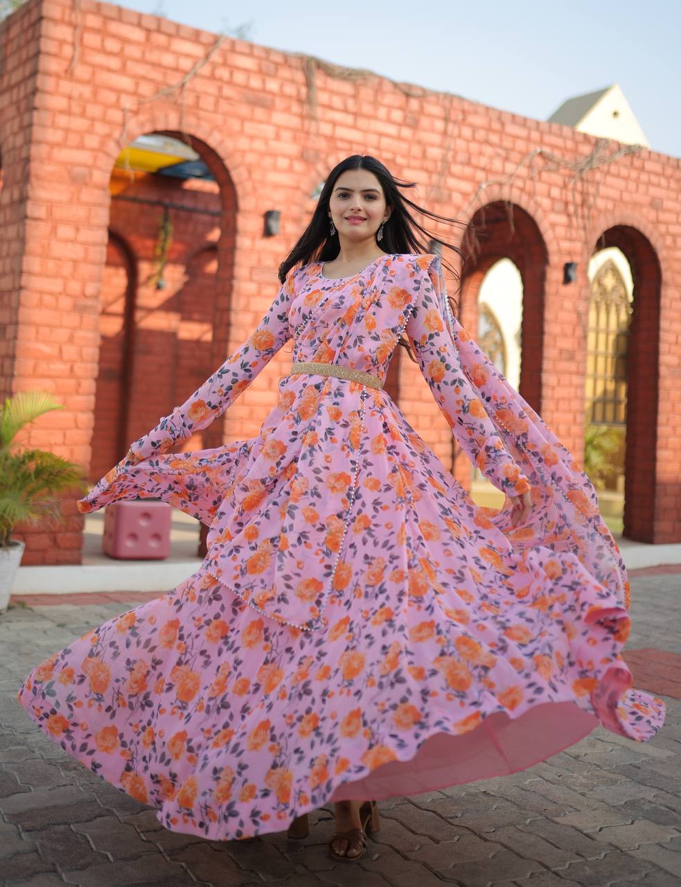 Rich Flower Digital Print Light Pink Color Gown Clothsvilla
