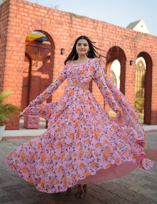 Rich Flower Digital Print Light Pink Color Gown Clothsvilla