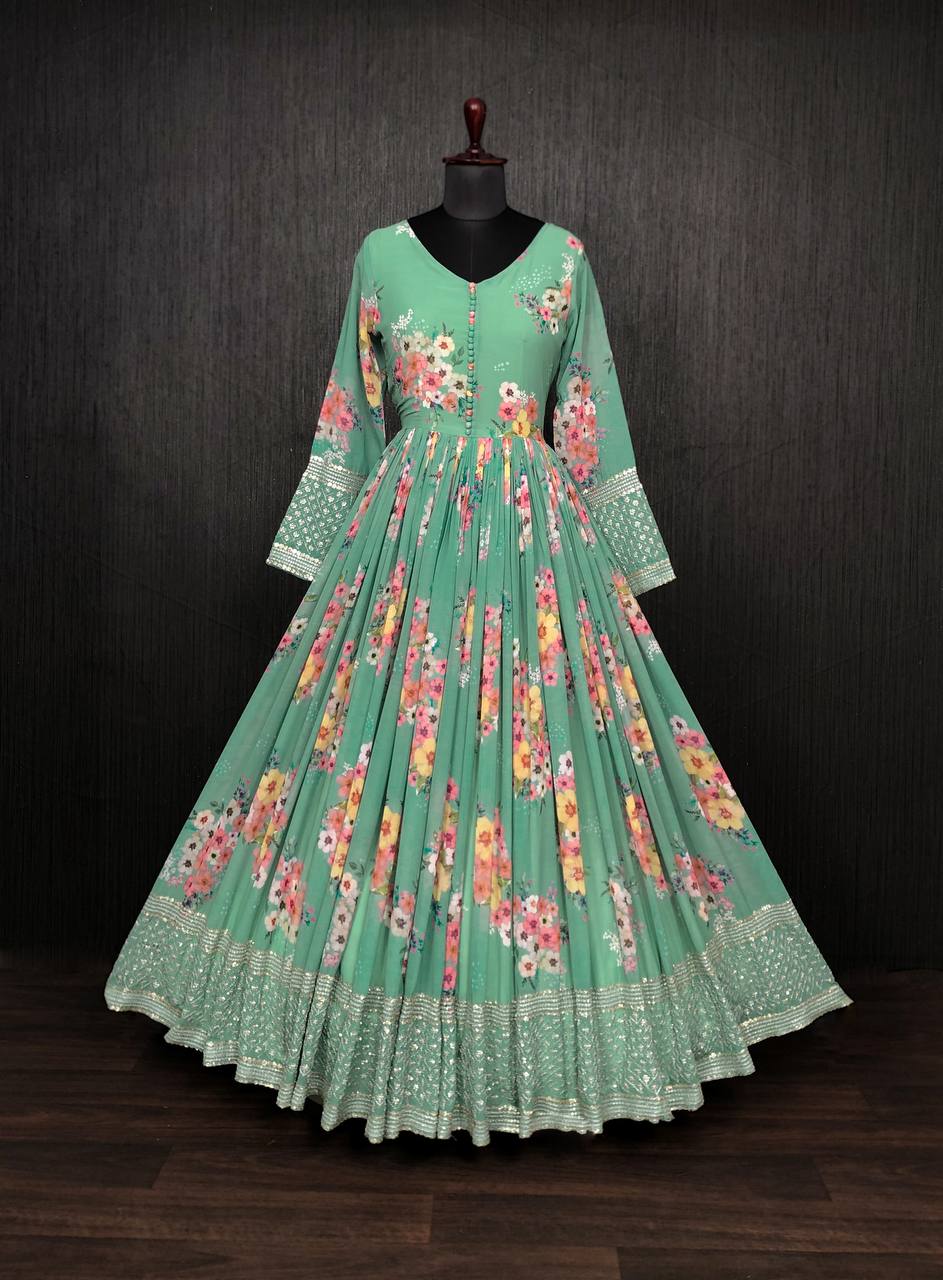 Digital Print Pista Green Color Function Wear Gown Clothsvilla