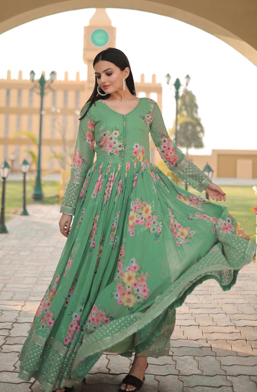 festival wear pista green georgette heavy embroidery work anarkali style |  Anarkali dress, Formal dresses long, Dress collection