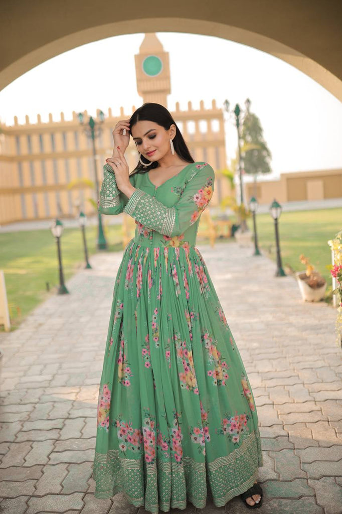 Pista Green Shaded Embroidered Gown