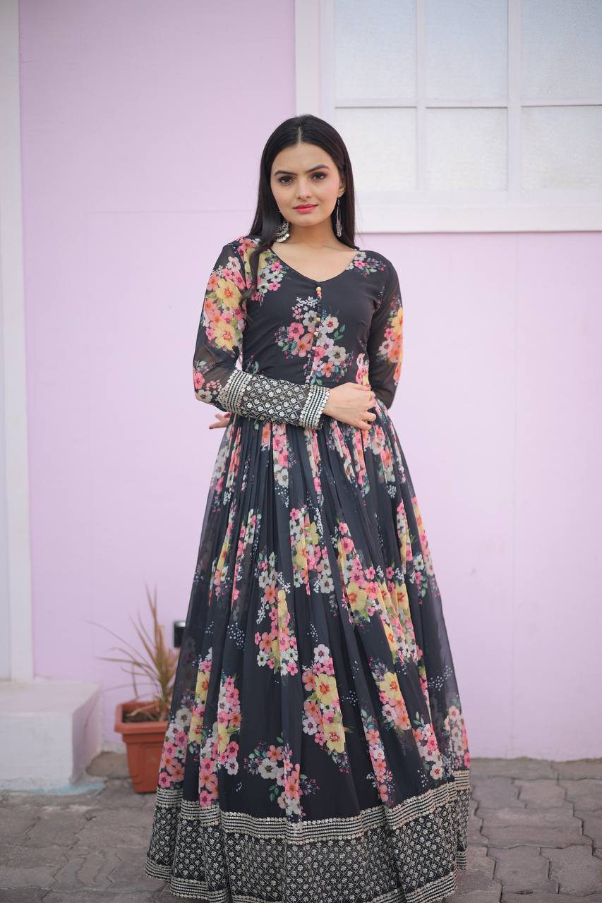 Digital Print black Color Function Wear Gown Clothsvilla