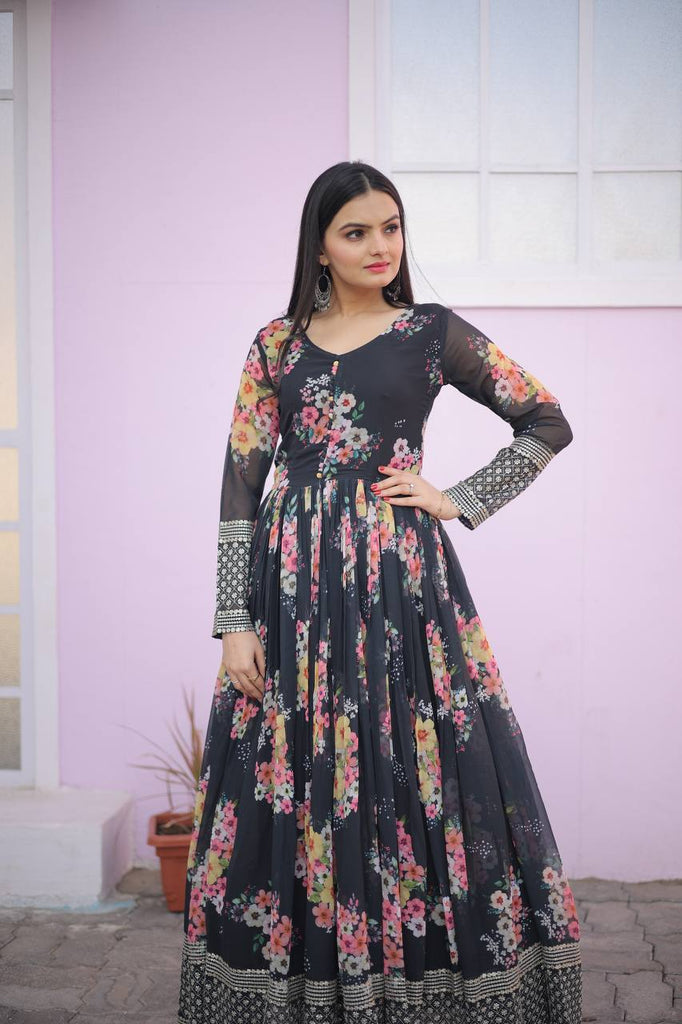 Digital Print black Color Function Wear Gown Clothsvilla