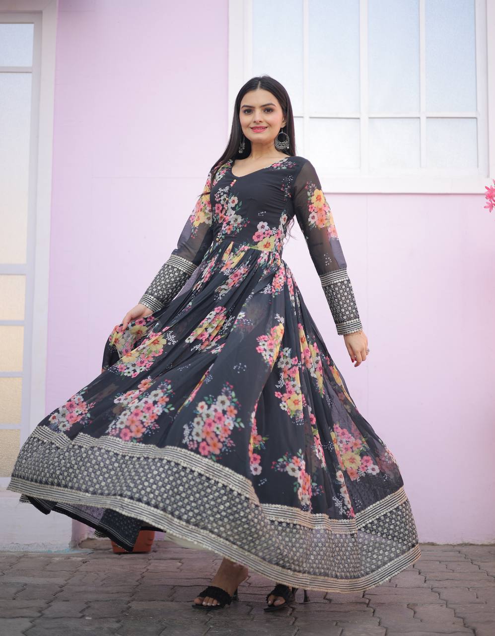 Digital Print black Color Function Wear Gown Clothsvilla