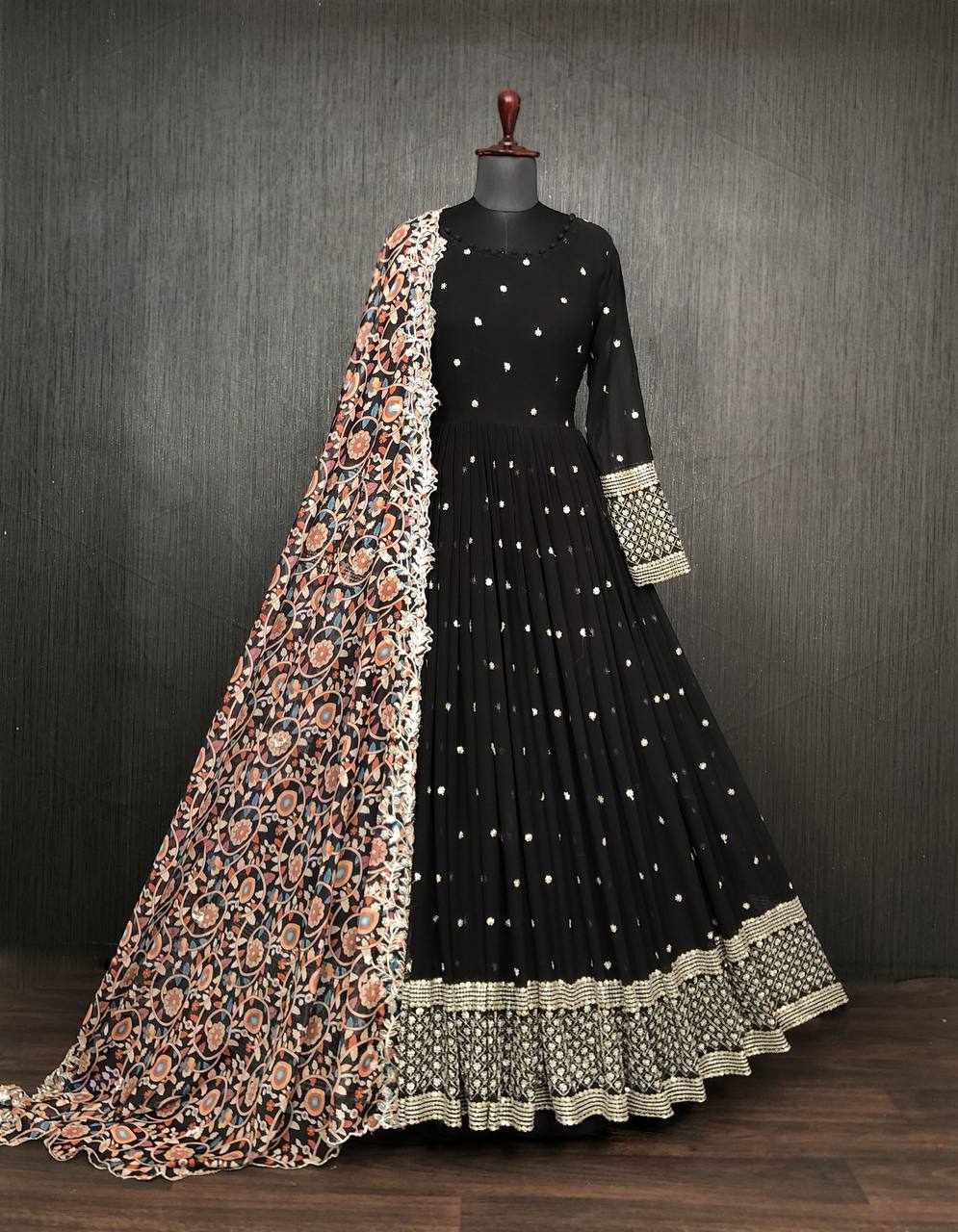 Fantastic Black Color Sequins Work Long Gown Clothsvilla