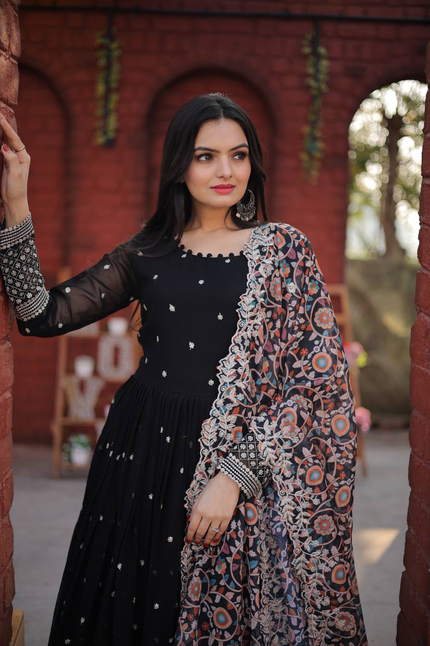 Fantastic Black Color Sequins Work Long Gown Clothsvilla