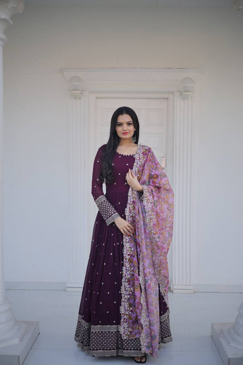 Fantastic Wine Color Sequins Work Long Gown Clothsvilla Main image