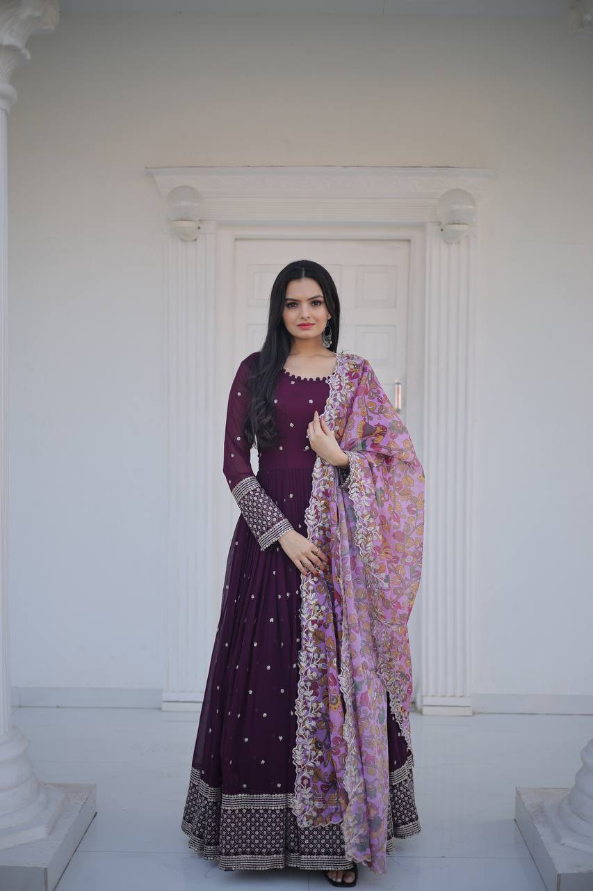 Fantastic Wine Color Sequins Work Long Gown Clothsvilla