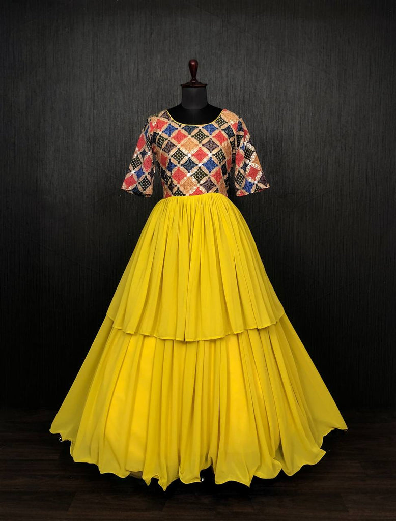 Unique Yellow Color Waist Pleat stitching Gown Clothsvilla