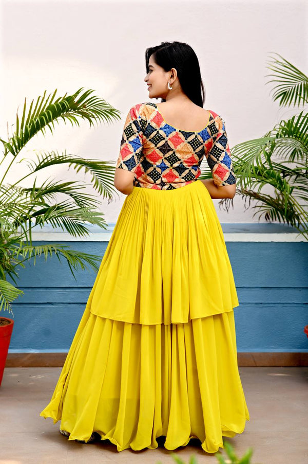 Unique Yellow Color Waist Pleat stitching Gown Clothsvilla