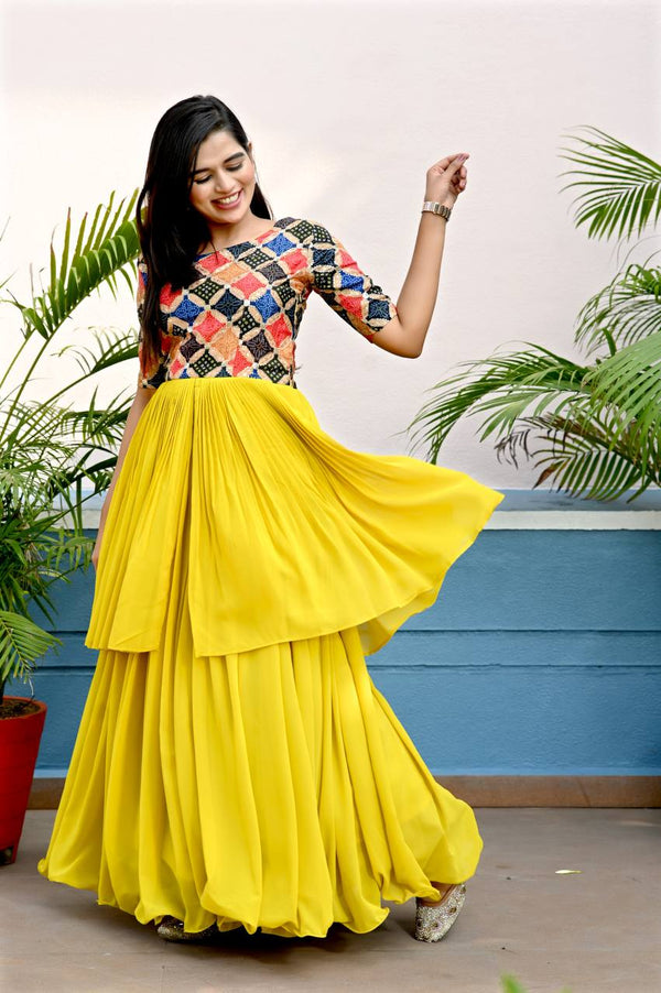 Unique Yellow Color Waist Pleat stitching Gown Clothsvilla