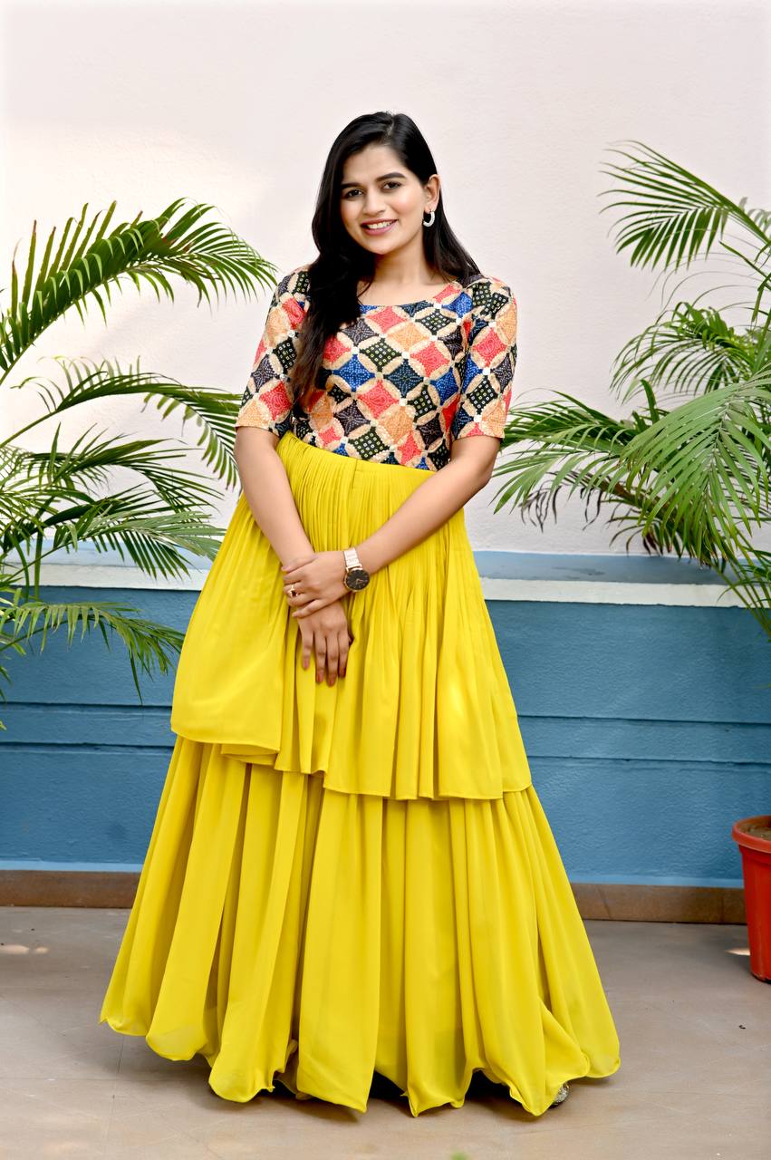 Unique Yellow Color Waist Pleat stitching Gown Clothsvilla Main image