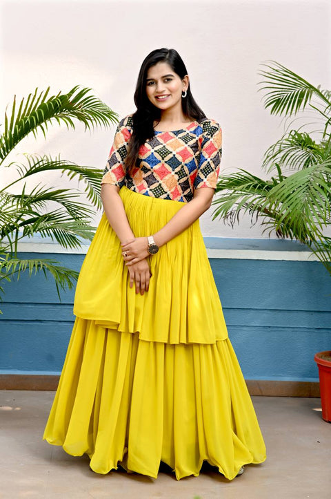 Unique Yellow Color Waist Pleat stitching Gown Clothsvilla Main image