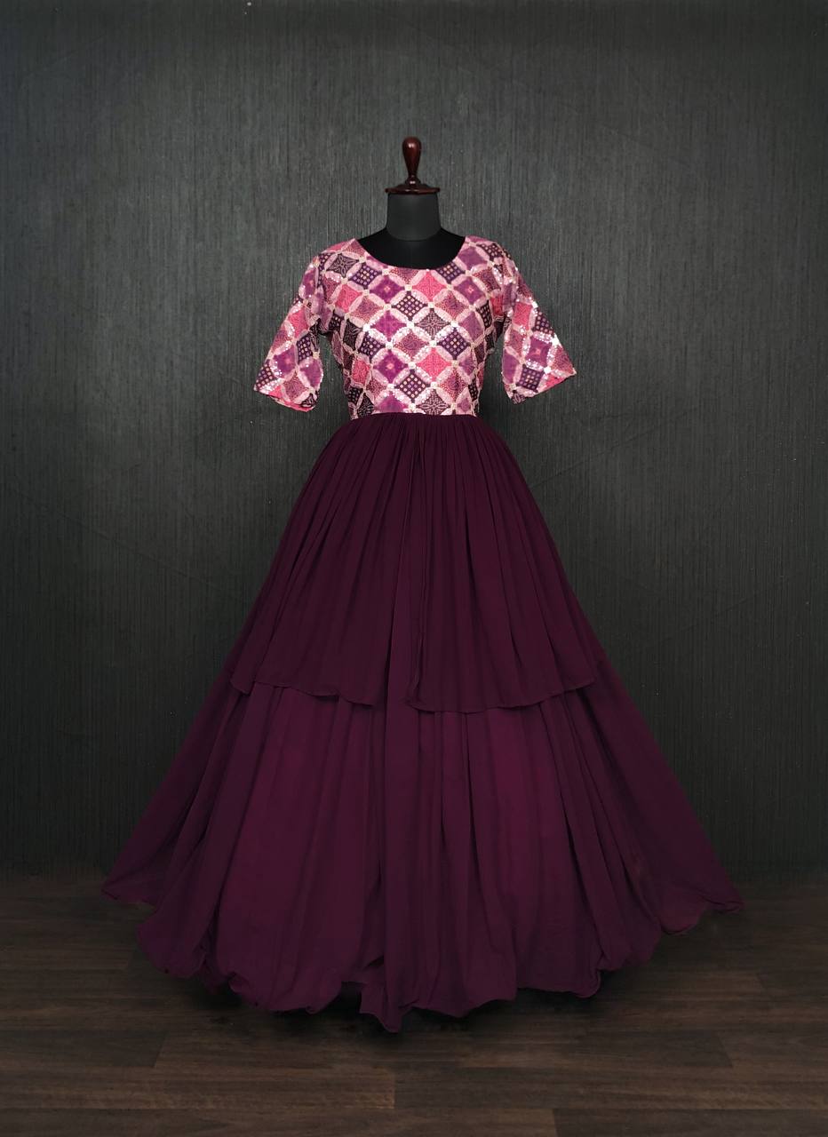 Unique Wine Color Waist Pleat stitching Gown Clothsvilla