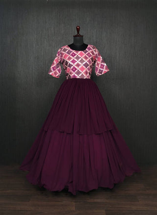 Unique Wine Color Waist Pleat stitching Gown Clothsvilla