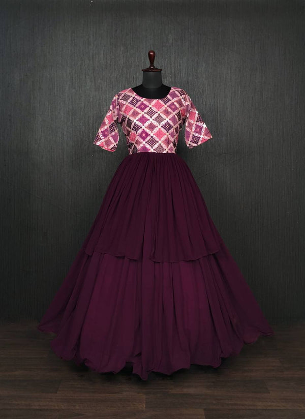 Unique Wine Color Waist Pleat stitching Gown Clothsvilla