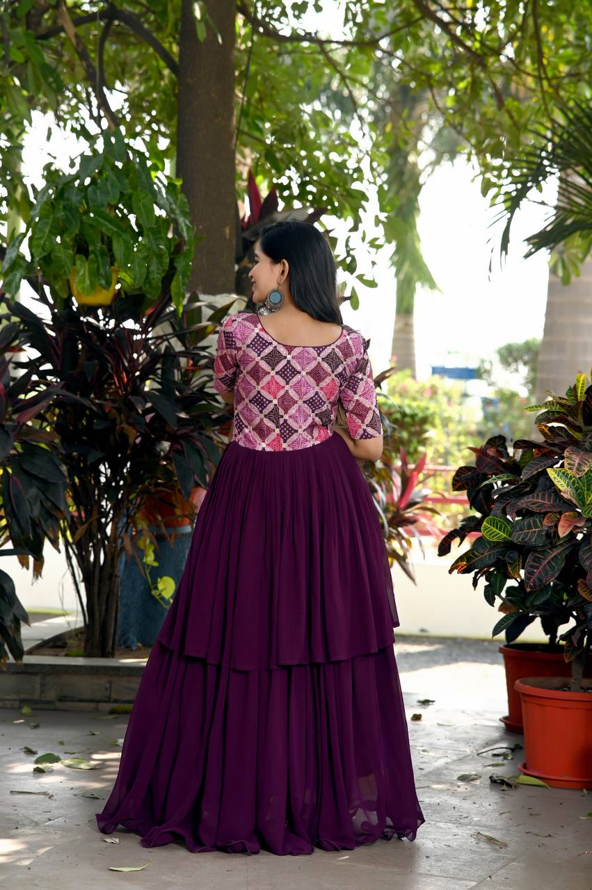 Unique Wine Color Waist Pleat stitching Gown Clothsvilla