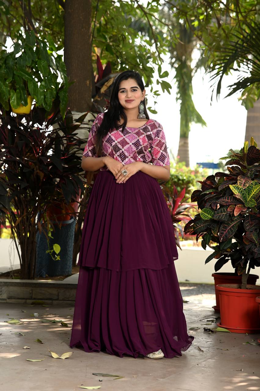 Unique Wine Color Waist Pleat stitching Gown Clothsvilla